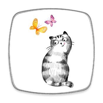 Chat aux papillons – Conception de croquis - Magnet carré - blanc - Devant