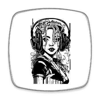 Cool girl with big headphones - Square fridge magnet - white - Front