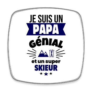 Papa génial & skieur – idée fête des pères - Magnet carré - blanc - Devant