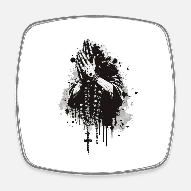 Mains de prière Rosaire noir et blanc - Magnet carré - blanc
