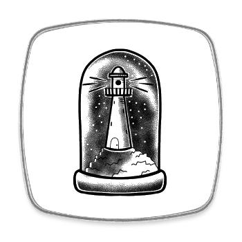 Tattoo style Lighthouse in a Tall Glass dome - Square fridge magnet - white - Front