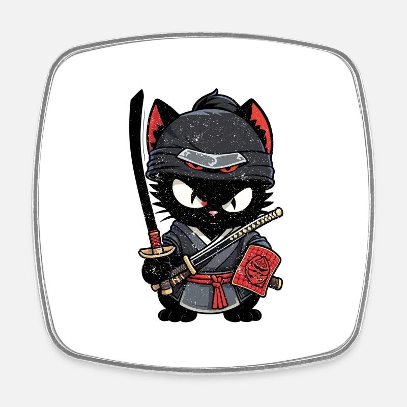 Ninja Cat - Samurai Kitten - Square fridge magnet - white