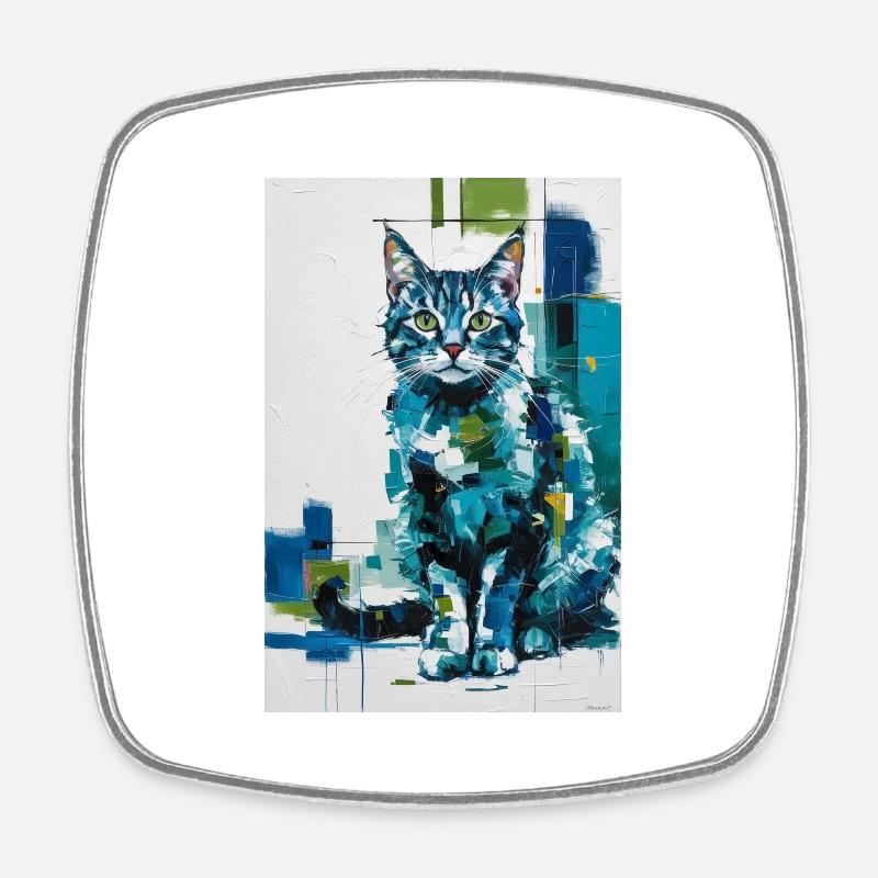 Chat abstrait en bleu vert / Numérique / Affiche #2 - Magnet carré - blanc