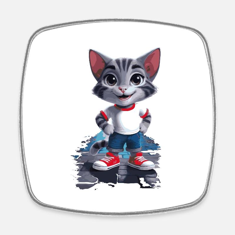 Playful cat in children's style - Square fridge magnet - white
