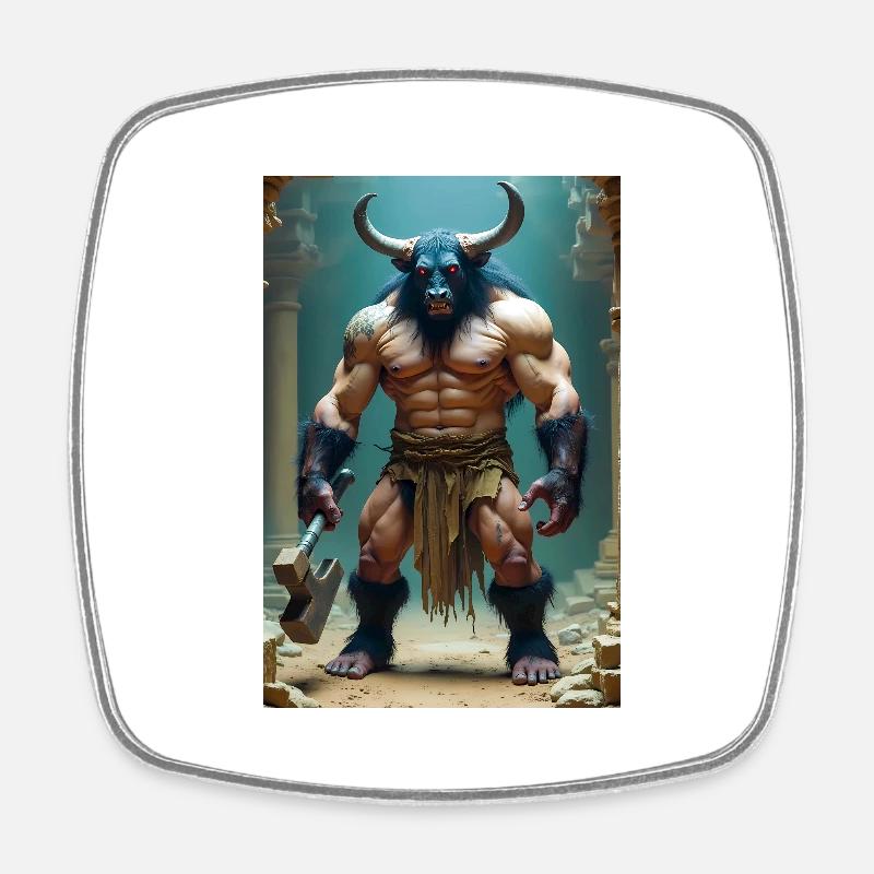 Minotaur, massive bull-headed warrior gripping axe - Square fridge magnet - white
