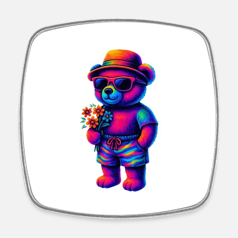 neon-coloured teddy bear in beach look - Square fridge magnet - white