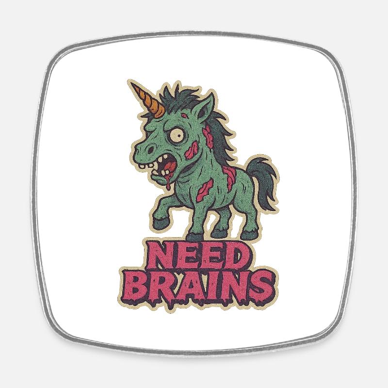 Need Brains - Zombie Unicorn - Square fridge magnet - white