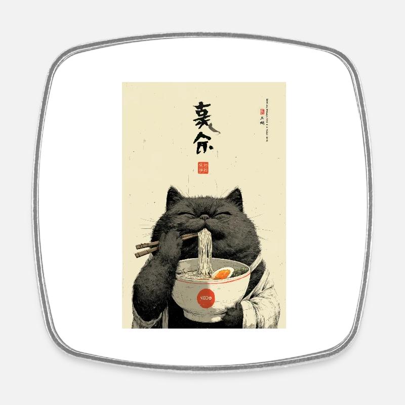 Chat heureux mangeant des ramen - Magnet carré - blanc