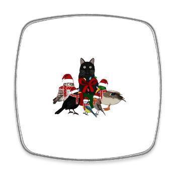 Merle Robin Hibou Canard avec Chat Noël - Magnet carré - blanc - Devant