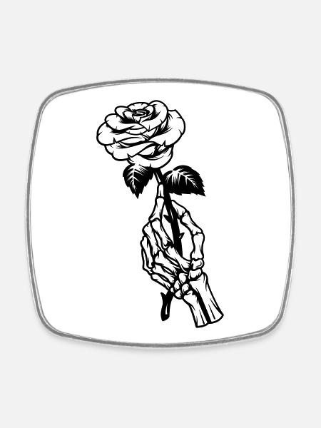 Rose in one hand, illustration, skeleton hand - Square fridge magnet - white