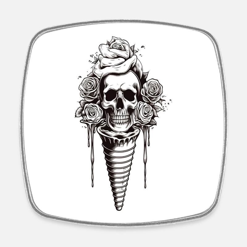 Skull with roses and flourish art - Square fridge magnet - white