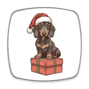 Christmas Dachshund with Gift – Sweet Xmas Motif - Square fridge magnet - white - Front