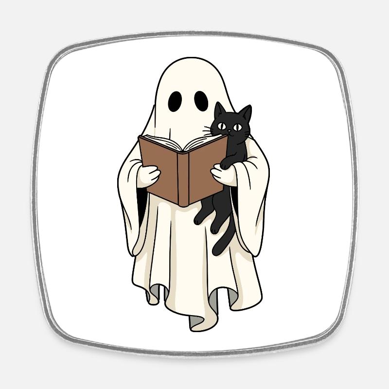 Reading Ghost with Cat in Book - Square fridge magnet - white