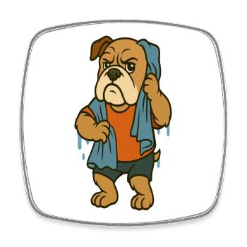 Nasses Bulldoggen-Maskottchen trocknet mit großem Handtuch - Viereckiger Kühlschrankmagnet - Weiß - Vorne
