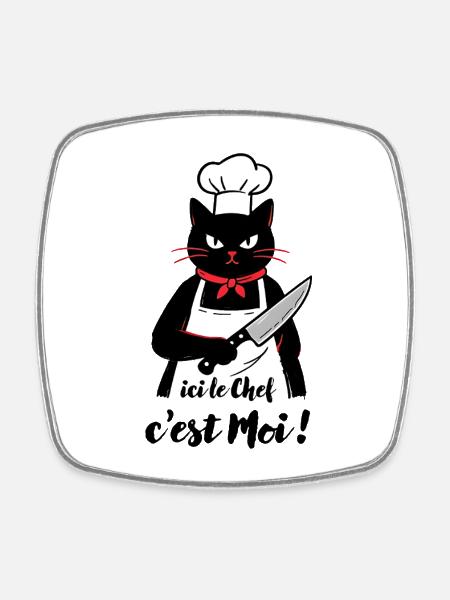 Chat Noir cuisinier, ici le chef c'est moi ! - Magnet carré - blanc