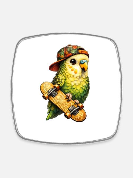 Cool Skatebird – Parrot with Cap & Skateboard - Square fridge magnet - white