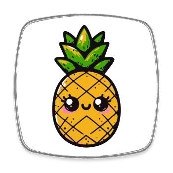 Kawaii-Ananas mit grünem Laub - Viereckiger Kühlschrankmagnet - Weiß - Vorne