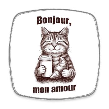 Bonjour mon amour Katze Kaffee Croissant - Viereckiger Kühlschrankmagnet - Weiß - Vorne