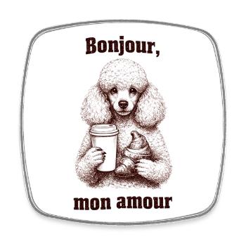 Bonjour mon amour Pudel Kaffee Croissant - Viereckiger Kühlschrankmagnet - Weiß - Vorne