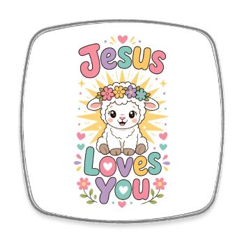 Jesus Loves You Lamb with Flower Wreath - Square fridge magnet - white - Front