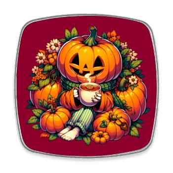 Citrouille d’Halloween avec écharpe boire du thé - Magnet carré - blanc - Devant