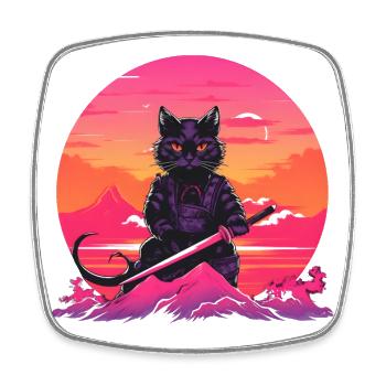 Synthwave samouraï Chat avec katana - Magnet carré - blanc - Devant