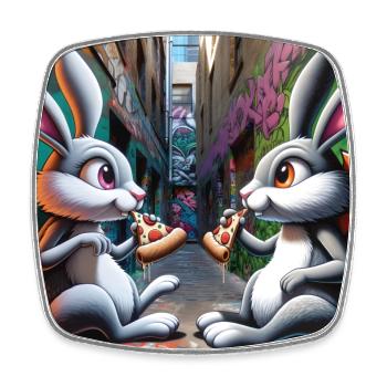 Bunnies eating pizza in graffiti backyard street art - Square fridge magnet - white - Front