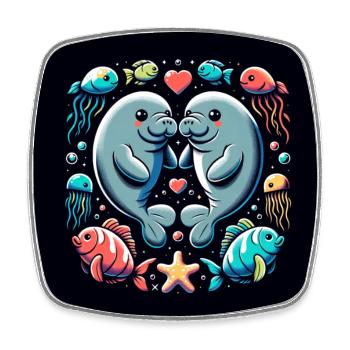 Two manatees in love with fish and starfish - Square fridge magnet - white - Front