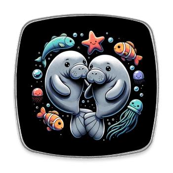 Two manatees in love with fish and starfish - Square fridge magnet - white - Front