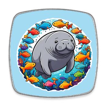 Manatee with lots of colorful fish - Square fridge magnet - white - Front