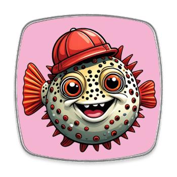 Drôle de poisson-globe avec casquette de baseball rouge - Magnet carré - blanc - Devant