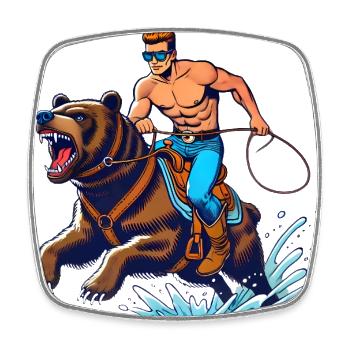 Bear Rider Adventure Cartoon Design - Square fridge magnet - white - Front
