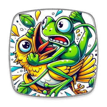 Funny Frog Clinging to Bird Cartoon - Square fridge magnet - white - Front