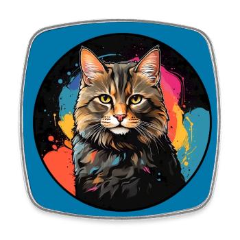 Portrait de chat mignon en technique d'aquarelle dans un cercle - Magnet carré - blanc - Devant