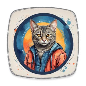 Portrait de chat mignon en technique d'aquarelle dans un cercle - Magnet carré - blanc - Devant