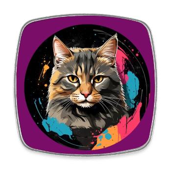 Portrait de chat mignon en technique d'aquarelle dans un cercle - Magnet carré - blanc - Devant
