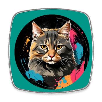 Portrait de chat mignon en technique d'aquarelle dans un cercle - Magnet carré - blanc - Devant