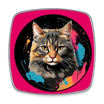 Portrait de chat mignon en technique d'aquarelle dans un cercle - Magnet carré - blanc - Devant