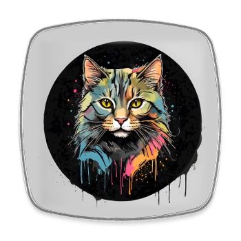 Portrait de chat mignon en technique d'aquarelle dans un cercle - Magnet carré - blanc - Devant