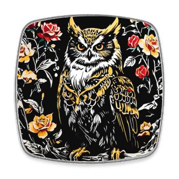 Hibou avec des vrilles de pétales de rose en aspect gravure sur bois - Magnet carré - blanc - Devant