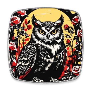 Hibou avec des vrilles de pétales de rose en aspect gravure sur bois - Magnet carré - blanc - Devant