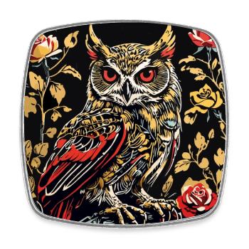 Hibou avec des vrilles de pétales de rose en aspect gravure sur bois - Magnet carré - blanc - Devant