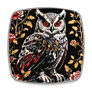 Hibou avec des vrilles de pétales de rose en aspect gravure sur bois - Magnet carré - blanc - Devant