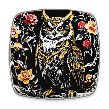Hibou avec pétales de rose en aspect gravure sur bois - Magnet carré - blanc - Devant