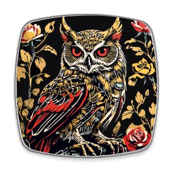 Hibou avec des vrilles de pétales de rose en aspect gravure sur bois - Magnet carré - blanc - Devant