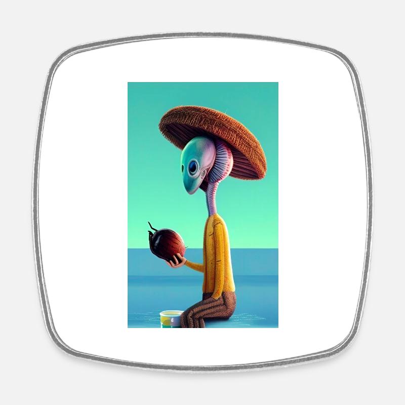 Crazy Comic Alien sur une plage avec un espace cocotier - Magnet carré - blanc