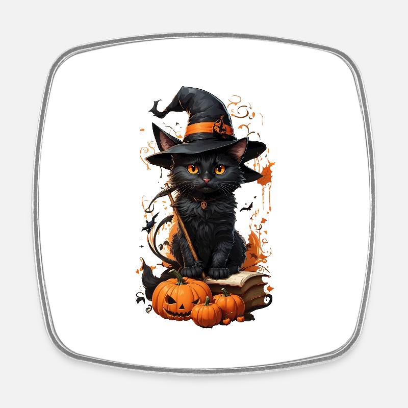 Enchanted Halloween Cat: Magical Broomstick - Square fridge magnet - white