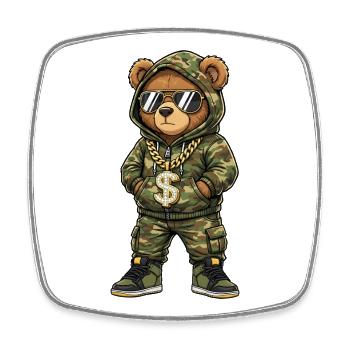 Camo Teddy Bear with Gold Chain - Square fridge magnet - white - Front