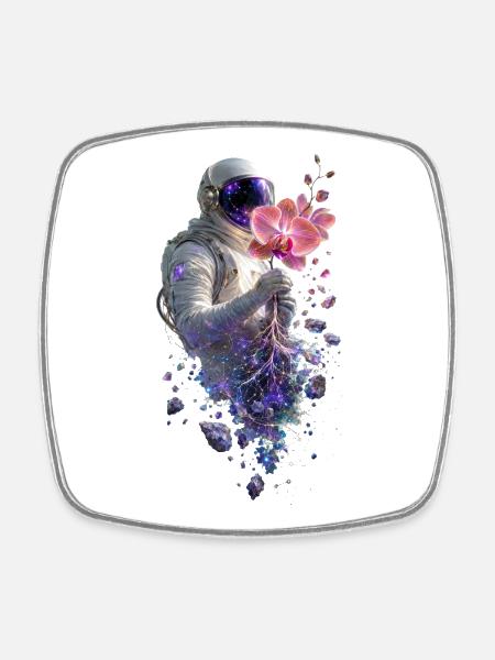 Cosmic Astronaut and Orchid - Square fridge magnet - white