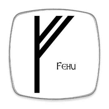 Rune Fehu avec Nom Noir – Viking Futhark - Magnet carré - blanc - Devant